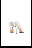  Women Wedding Shoes Bridal White Bow High Heels Temperament Stiletto Low-Cut Satin Banquet Mart Lion - Mart Lion