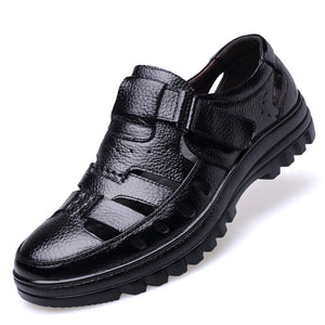 Men's Sandals Genuine Leather Summer Shoes Ventilation Casual Sandals Non-slip Mart Lion Black 5.5 