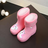 Kids Rain Boots For Girls Rubber Boys Baby Girls PVC Warm Children Waterproof Shoes Modis Cartoon Unicorn Removable Mart Lion Pink 9 