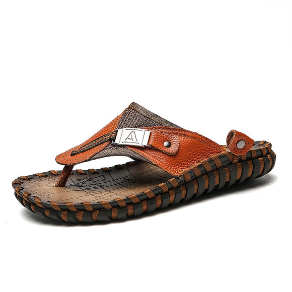 Cow Genuine Leather Retro Men's Summer Sandals Buckle Strap Beach Flip Flops Flat Water Shoes Solid Classic Casual Mart Lion   