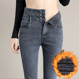 Winter Warm Velvet Women Jeans Fleece Skinny Stretch Pencil Pants 4 Colors Double Buckle High Waist Denim Trousers Mart Lion   