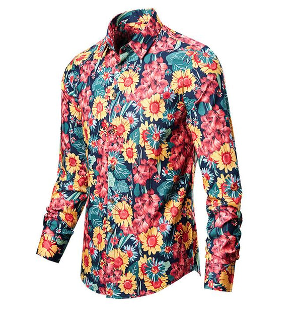 Men's Floral Shirts Vintage Printed Camisa Social Longs Sleeve Dress Camisa Social Masculina Streetwear Mart Lion Red M  45-54KG 