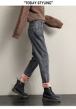 winter women high-waisted jeans harem pants pink velvet thickened warm denim trousers retro blue gray Mart Lion   