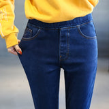Fleece Jeans Woman Thick Winter Female Warm Skinny High Waist Velvet Elastic Denim Pencil Pants Mart Lion   