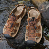 Outdoor Men's Sandals Leather Summer Beach Roman Trekking Flip Flops Non Slip Flat Hiking Mart Lion   