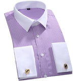Men's Classic French Cuffs Striped Dress Shirt Single Patch Pocket Standard-fit Long Sleeve Shirts (Cufflink Included) Mart Lion FS12 M 