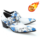 Autumn White Lace Belt buckle Decorate Tip High heels Cowhide Men shoes Casual leather Wedding Mart Lion White Blue 36 
