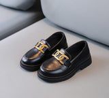 Children Loafers Metal Black Pu Leather Slip-on Kids Flat Shoes Platform Roune Toe Concise Style Boys Girls Mart Lion black 26-15.6cm 