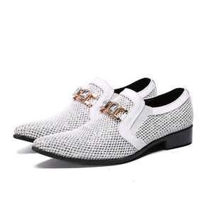 Pointed Toe White Men's Wedding Shoes With Crystal Hoops Genuine Leather Casual Slip On Dress Suit Mart Lion   
