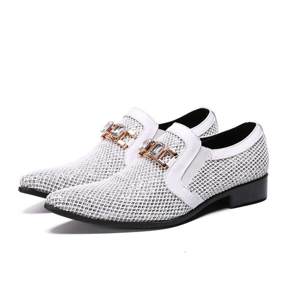  Pointed Toe White Men's Wedding Shoes With Crystal Hoops Genuine Leather Casual Slip On Dress Suit Mart Lion - Mart Lion