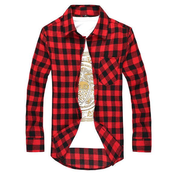 Men's Plaid Shirt Camisas Social Autumn Plaid Long-sleeved Button Down Casual Check Mart Lion   