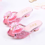 Girls Summer Sandals Slipper Sequined Princesse Children High Heel Party Dress Shoes Leather Slipper For Kids Slides Mart Lion Pink 9.5 