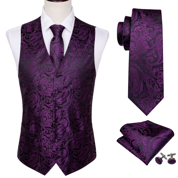  4PC Men's Silk Vest Party Wedding Purple Paisley Solid Floral Waistcoat Vest Pocket Square Tie Slim Suit Set Barry Wang Mart Lion - Mart Lion