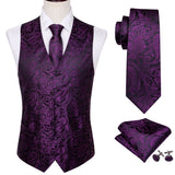 4PC Men's Silk Vest Party Wedding Purple Paisley Solid Floral Waistcoat Vest Pocket Square Tie Slim Suit Set Barry Wang Mart Lion   