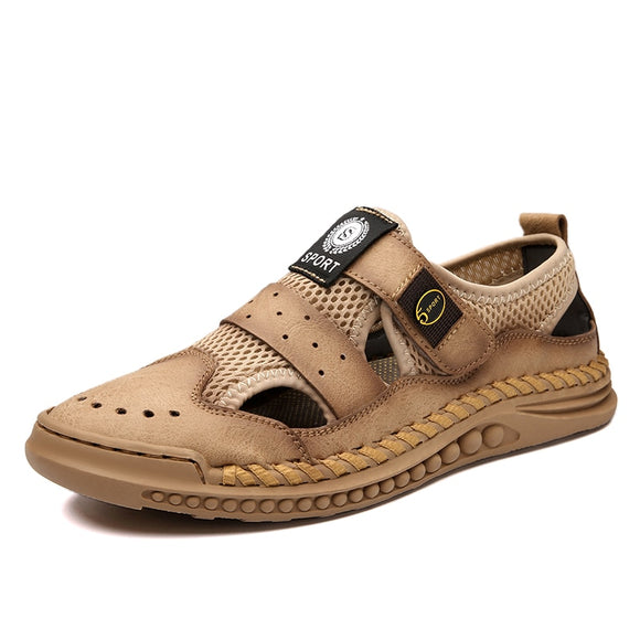 Summer Men's Sandals Handmade Mesh Sneakers Casual Breathable Shoes Outdoor Walking Mart Lion Khaki 6.5 