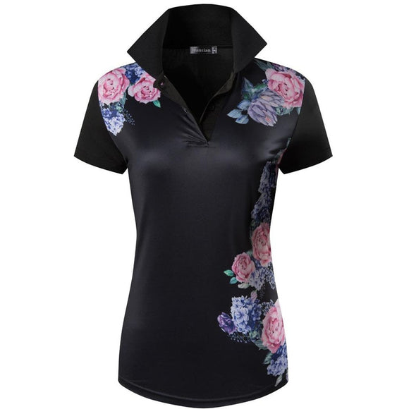  jeansian Style Women Casual Short Sleeve T-Shirt Print Polo Shirt Golf Polos Tennis Badminton Black Mart Lion - Mart Lion