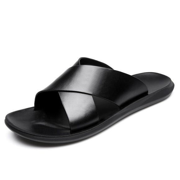 designer Summer Men's Sandals Genuine Leather Simple Slipper Cool Beach Shoes Mart Lion Black 7 