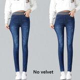 Women Winter Warm Skinny Jeans Pants Velvet Thick Trousers High Waist Elastic Middle Aged Mother Stretch Clothes Mart Lion Dark blue No velvet 26 