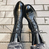 Akexiya Leather British Style Flat Boots Black Pointed Toe Handsome Motorcycle Women Round Head Bandage Mart Lion   