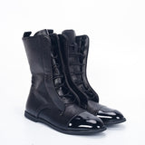  Akexiya Leather British Style Flat Boots Black Pointed Toe Handsome Motorcycle Women Round Head Bandage Mart Lion - Mart Lion