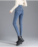Winter Thick Fleece High-waist Warm Skinny Jeans Thick Women Stretch Button Pencil Pants Mom Casual Velvet Mart Lion   