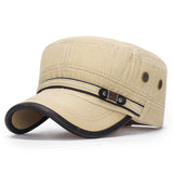 Flat Top Military Hat Cotton Snapback Cap Men's Women Vintage Baseball Caps Dad Hats Adjustable Size 55-60cm Mart Lion Khaki  