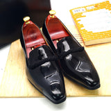 Men's Dress Shoes Black Patent Leather loafers With Black String Pointed Toe Party Wedding Formal Luxury Mart Lion   