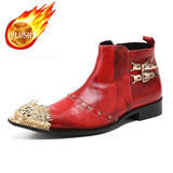 Autumn Party Men's boots Lron head Tip Rivet Metal buckle Cowhide Gao Bang Luxury Leather Social contact Wedding shoes Mart Lion Red 37 