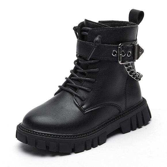 Children Boots Soft-soled Girls Autumn and Winter Warm British Style Boys Leather Student Metal Chain Hot  Mart Lion