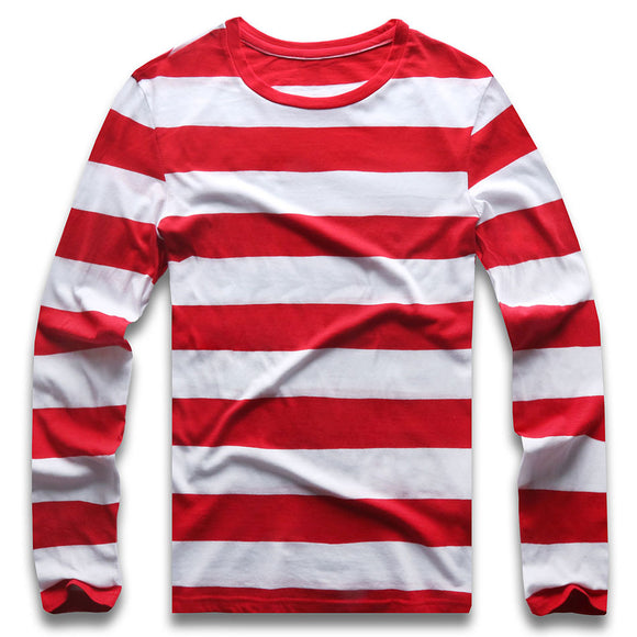  Red White Striped Long Sleeve T Shirts Tees Men's Round Neck Colorful Black White Stripes Casual Mart Lion - Mart Lion