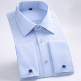 Men's Classic French Cuffs Striped Dress Shirt Single Patch Pocket Standard-fit Long Sleeve Shirts (Cufflink Included) Mart Lion Light Blue M 