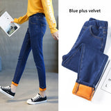Women Velvet Thick Elastic High Waist Skinny Jeans Classic Blue Black Stretch Fabric Denim Pants Mom  Mart Lion
