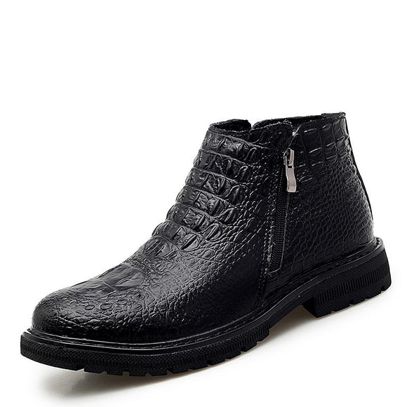 Leather Men's Boots Autumn Winter Warm  Fur Snow Crocodile Pattern Ankle Shoes Mart Lion Black 6.5 