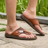 Handmade Genuine Leather Shoes Cow Men Casual Beach Flip Flops Sneakers Summer Outdoor Footwear Flat Sandals Mart Lion   