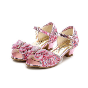 Children Sandals For Girls Weddings Girls Crystal High Heel Shoes Banquet Pink Gold Blue Glitter Leather Butterfly Mart Lion   