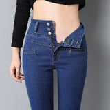 High Waist Three Buttons Jeans Women Skinny Korean Denim Pencil Pants Stretch Slim All-match Casual Denim Trousers Mart Lion Blue 25 