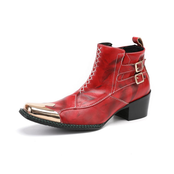 Men's Metal Fangtou Belt High-heeled Short boots Western Cowboy Cowhide Serpentine Printing Stage show Party Mart Lion Red 39 China