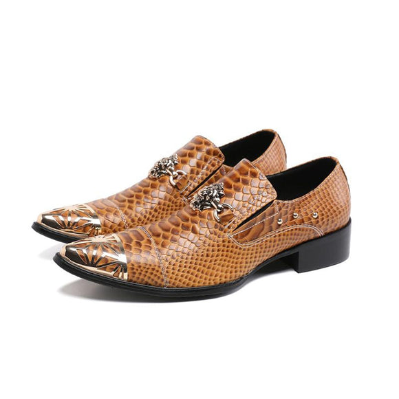 Summer Office men shoes Pointed Toe Genuine leather luxury rivet social Formal wear Youth dress Marry Mart Lion Orange 36 