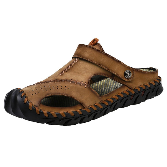 Classic Summer Men's Sandals Casual Beach Slippers Soft Leather Mart Lion Khaki 6.5 