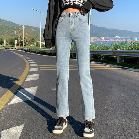 Women's High Waist Stretch White Jeans Vintage Straight Wide Leg Nine Points Denim Pants Female Mart Lion light blue Asia 25 China