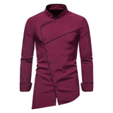 Men's Irregular Long Sleeve Shirt Solid Color Oblique Button Social Office Work Clothes Clothing Chemise Homme Mart Lion Wine S 