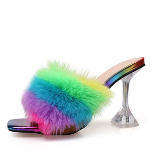 Summer Woman Pumps Transparent Perspex High Heels Color Feather Fur Peep Toe Mules Slippers Ladies Slides Shoes Sandals Mart Lion Color 34 China