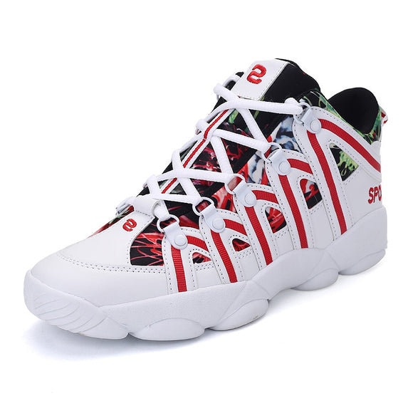 Couple High top Sports Shoes White Graffiti Print Men's Basketball Sneakers Chunky Fitness Mart Lion Red A11 36 