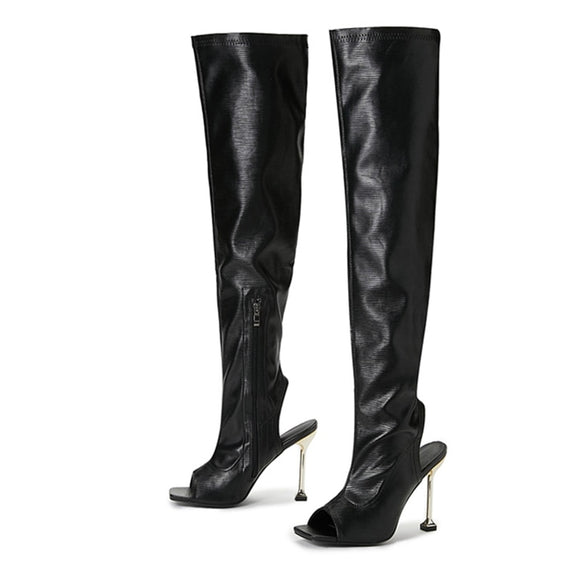  Spring Autumn Zip Metal Thin Heels Open Toe Leather Thigh High Over The Knee Boots Ladies Party Club Stripper Shoes Women Mart Lion - Mart Lion