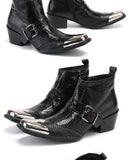 Men's Metal Fangtou Belt High-heeled Short boots Western Cowboy Cowhide Serpentine Printing Stage show Party Mart Lion   