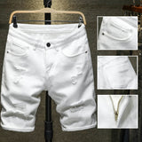 Summer White black Men's Ripped Hole Denim Shorts Slim Casual Knee Length Short Straight Hole Jeans Bermuda for men's Mart Lion   