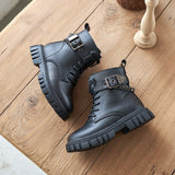 Children Boots Soft-soled Girls Autumn and Winter Warm British Style Boys Leather Student Metal Chain Hot Mart Lion Black 26 