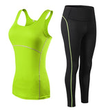 Women Fitness Suit Sets Gym Sleeveless Vest + Pants Running Tights Workout Sportswear Yoga Leggings suit Mart Lion Fluorescent Green S 