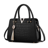 Women Handbags Tassel PU Leather Totes Bag Top-handle Embroidery Shoulder Lady Simple Style Crocodile pattern Mart Lion Black 28x13x20cm 