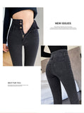 High Waist Women Solid Jeans 3 Buttons Female Pant Slim Elastic Mom Stretch Blue Grey Skinny Pencil Pant Mart Lion   